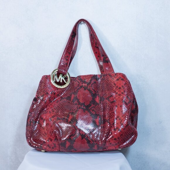 Michael Kors Fulton East-West Tote Red Python Embossed Leather Bag Large - Picture 1 of 13